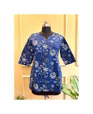Indigo Print Floral Cotton Top