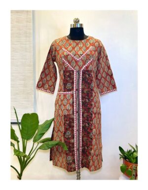Rust Sanganeri Patch Kurti