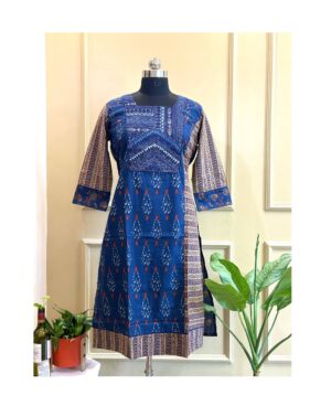 Blue Ajrakh Panel kantha Kurti