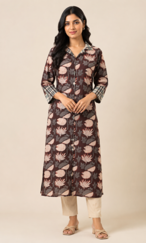 Jahota Kalamkari Shirt Collar Kurti – Cocoa Bloom