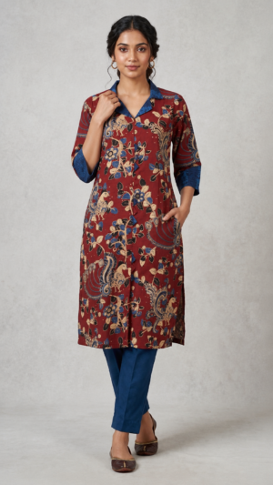 Noor-e-Kalamkari Maroon Cotton Kurti