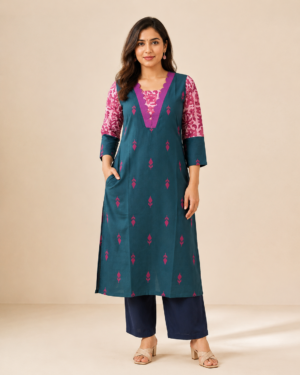 Neelanjana | Teal Handloom & Dabu Fusion Kurti